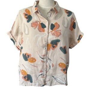 Rachel Zoe Medium peach and green button up linen shirt Hawaiian tropical vibe